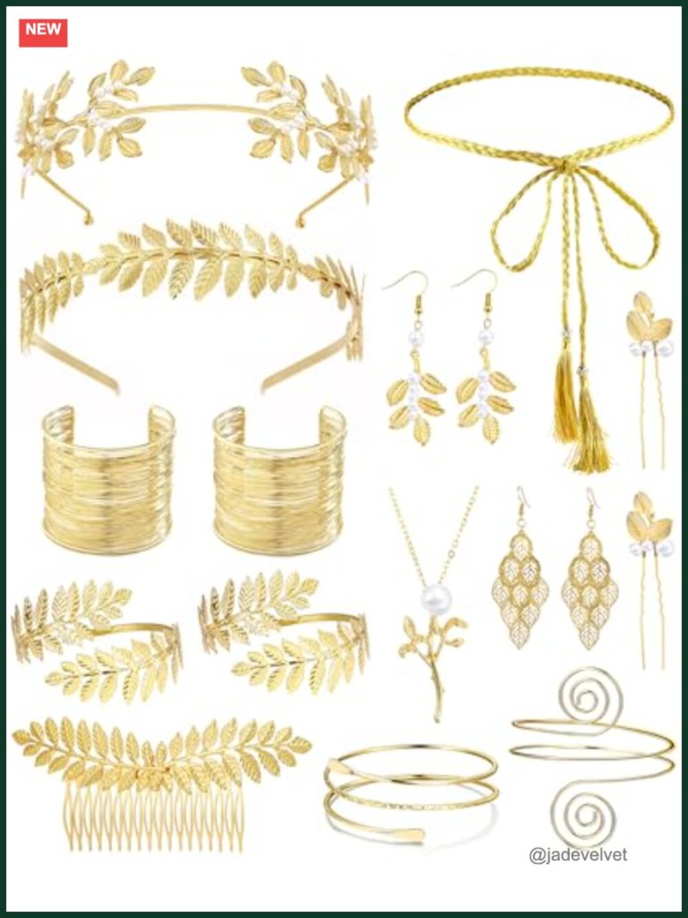 17 Pc Greek Goddess Costume Accessories Set Gold Plated Laurel Leaf Headband